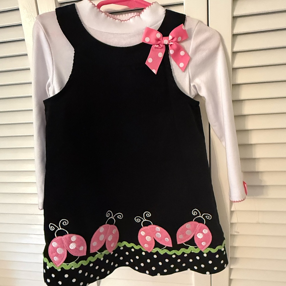 Bonnie Baby Black Jumper Dress with White Top and Pink Polka Dot Bows